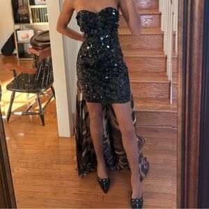 Jovani Black Sequin Mini Dress with Train